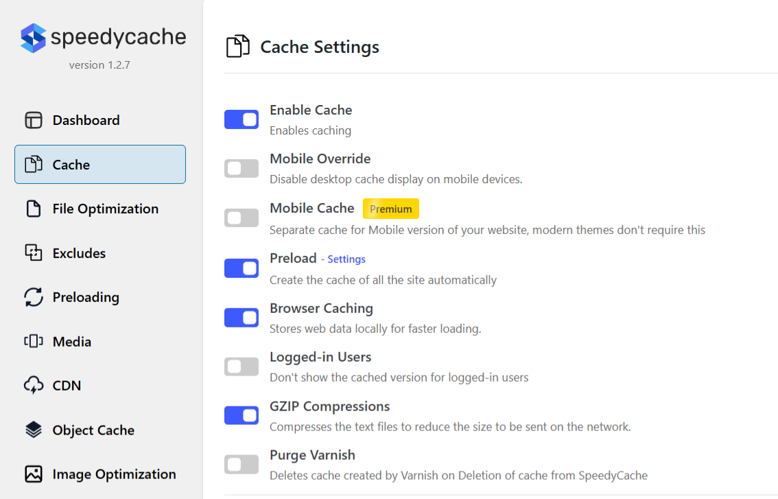User interface for SpeedyCache