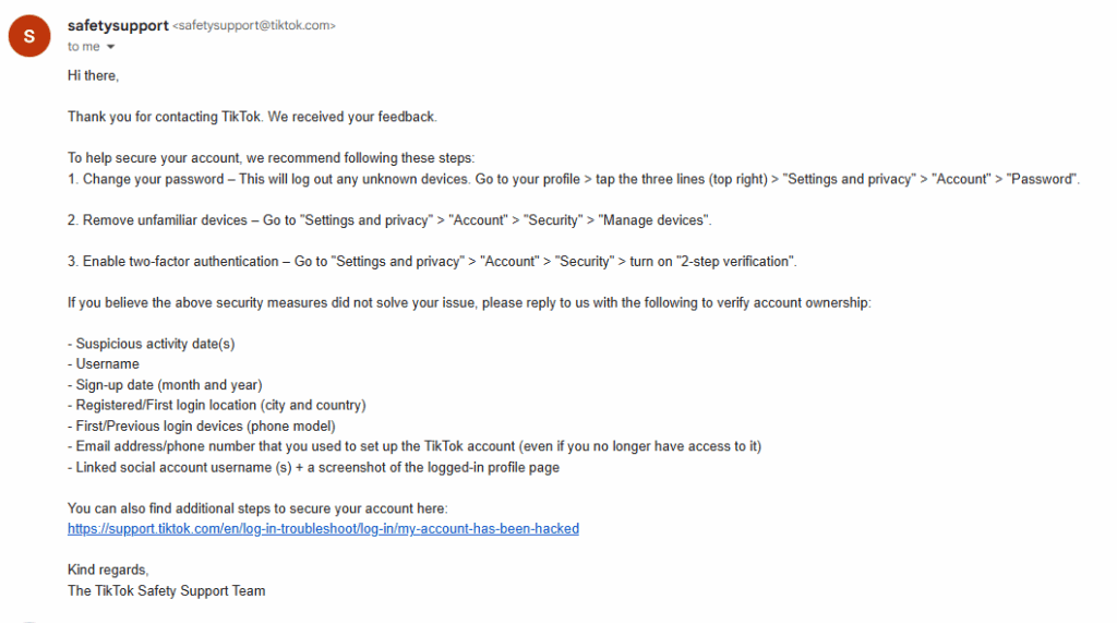 TikTok Support Team's Feedback Report