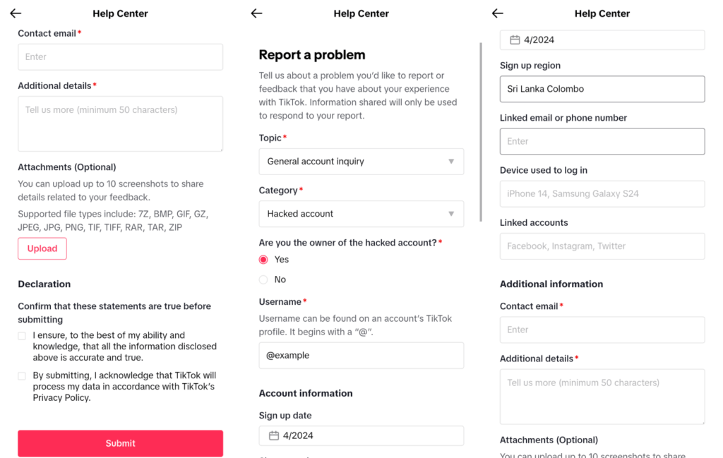 TikTok email support form