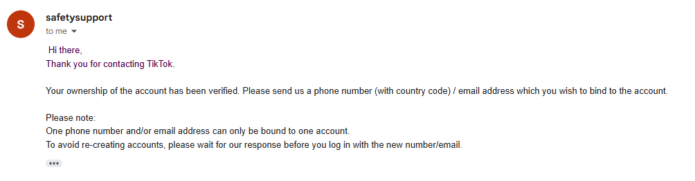 Received the Reply email regarding verification of ownership of the TikTok account.