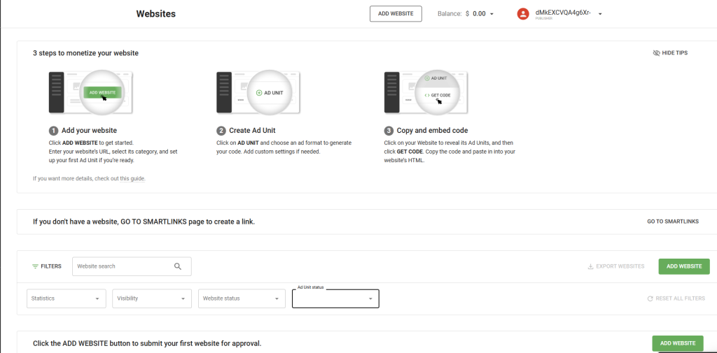 Adsterra publisher dashboard