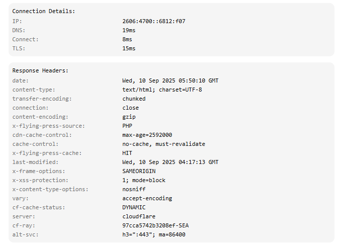 Connection details and response headers