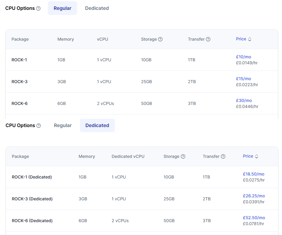 Prices for Katapult regular and dedicated CPU servers